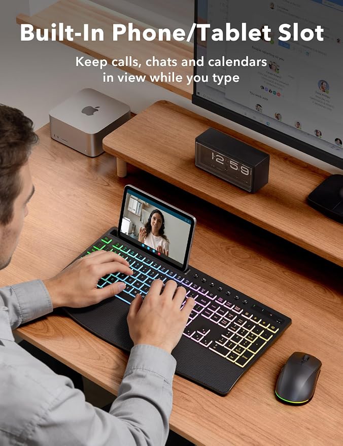 Trueque Wireless Keyboard and Mouse Combo, 4000mAh Battery, Wrist Rest | Rechargeable, 15 Backlit Effects, Full Size, Phone Holder, Quiet Typing, 2.4GHz Wireless, USB-A & C Connectivity for Windows - Image 7