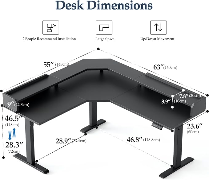 Klicelor L Shaped Electric Standing Desk 63 x 55 inch with Shelf, Height Adjustable Corner Desk, Sit Stand Desk with Storage Shelf, Home Office Computer Table, Black - Image 2