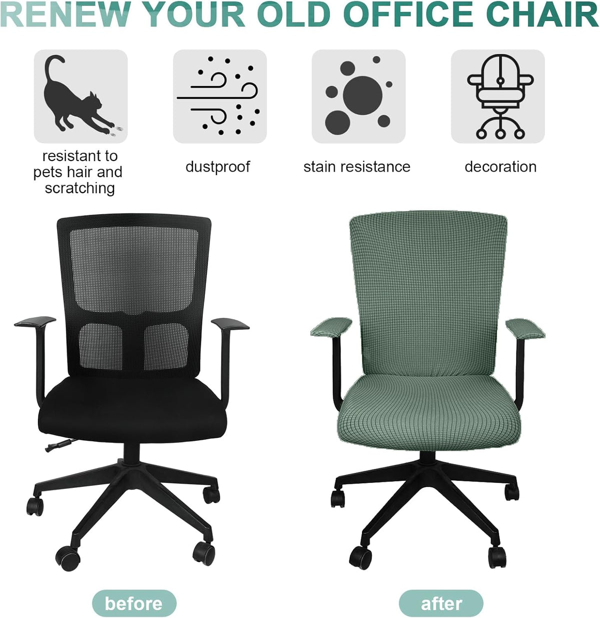 Tatuo 3 Pcs Computer Office Chair Armrest Cover, L, Waffle, Green - Image 3