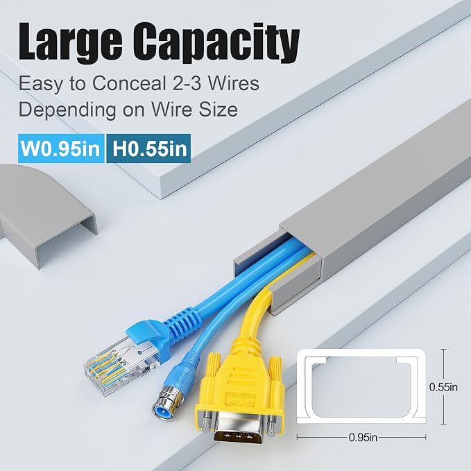 Yecaye Cord Covers for Wires on Wall, 113in, W0.95in H0.55in, Grey | TV Cord Hider, Medium Cord Organizer for 2-3 Wires, Cable Management Kit, Easy Install - Image 2