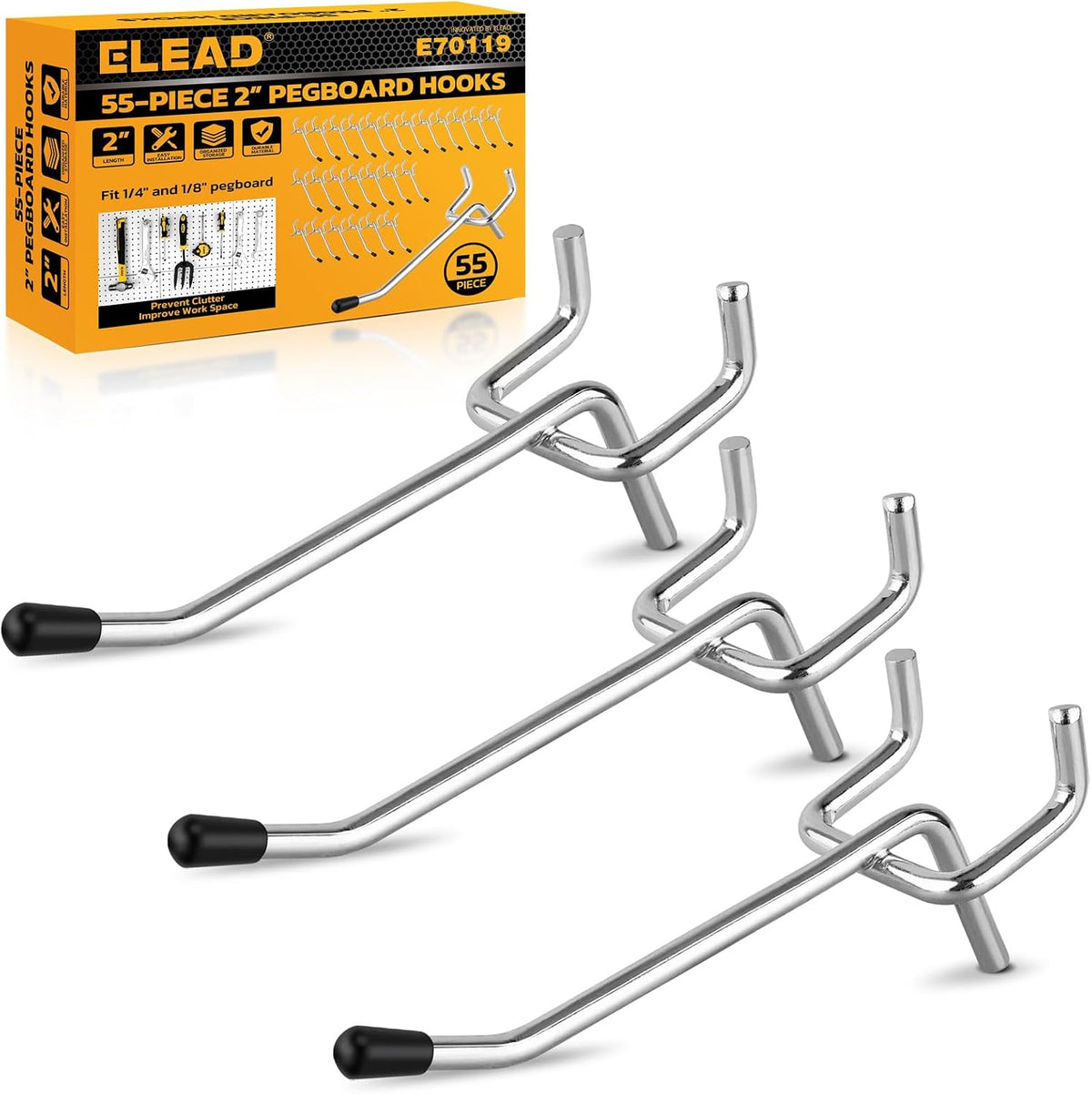 55-Piece 2 Inch Pegboard Hooks, Heavy Duty Peg Board Organizer Accessories, Peg Board Tool Hangers Fit for 1/4" and 1/8" Pegboard Hanging Tools Garage, Workshop, and Craft Storage by ELEAD