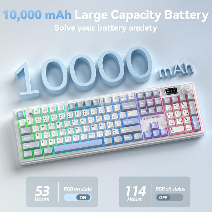 LINGBAO K108 Pro Wireless Mechanical Creamy Keyboard with Number Pad & Knob | Full Size Mechanical Keyboard with 10000mAh Battery, PBT Keycaps, Gasket Mount, RGB Backlit Hot-swap Custom Keyboard for PC - Image 9