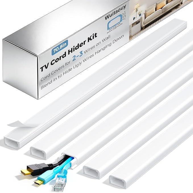 TV Cord Hider, 70.8in Cord Covers for 2-3 Wires on Wall, Paintable Cable Hider Wire Covers for Cords on Wall, Self-Adhesive Cord Hider for Wall Mount Tv to Hide Cords, W0.94 H0.47in, White by Wuitaouy