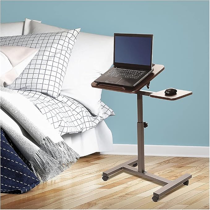 Seville Classics Airlift Height Adjustable Mobile Rolling Laptop Cart Computer Workstation Desk, Table for Home, Office, Classroom, Hospital, w/Wheels, Walnut, Tilt w/Side Table (28") (NEW Model) - Image 2