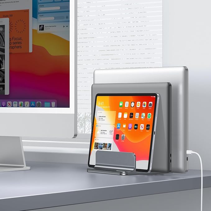 OMOTON 3-Slot Multiple Vertical Laptop Stand, Fits All MacBook, Grey | Adjustable Width 0-1.38", Aluminum Office Space-Saving for Desk, Fits MacBook/Book/iPad Up to 17.3in - Image 8