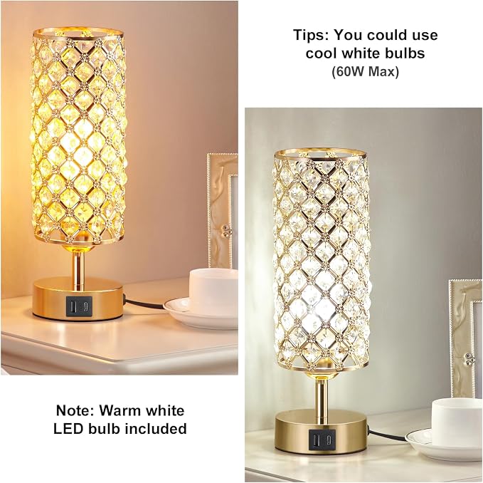 Crystal Table Lamp, 3 Way Dimmable Touch Lamps for Night Stands, Gold | Gold Crystal Touch Lamp for Bedroom with USB-C/A, Bulb included - Image 4