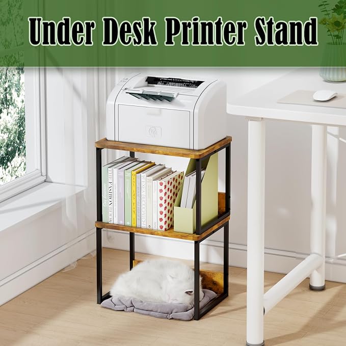MARTY Desktop Printer Stand 2 Pack Printer Shelf for Desk Home/Office,Brown | Small Printer Stand for Desk, Printer Riser with Storage, Monitor Riser, Under Desk Small Table for Fax Machine Scanner - Image 4
