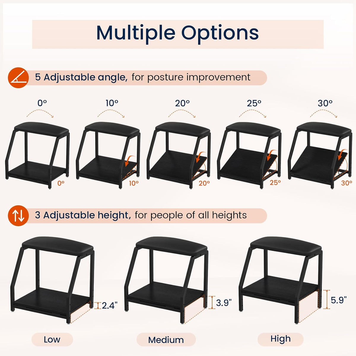 Snughome Adjustable Double Step Footrest, 5 Angles & 3 Heights, Under Desk Foot Stool, Cushioned Top & Non-Slip Base, Ergonomic Foot/Leg Rest for Home Office Gaming - Image 4