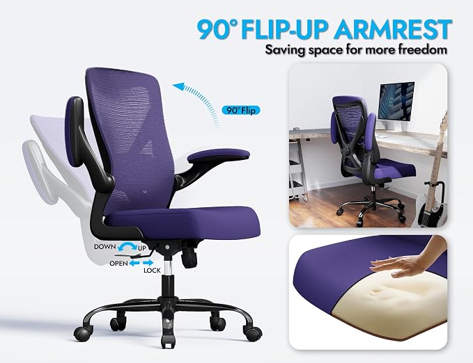 Office Chair: Mesh Ergonomic Desk Chair with 3D Lumbar & Swivel | 330LBS Computer Chair-Executive Task Work Chairs with Flip-up Arms Home Office Desk Chairs Gaming Chair for Long Hour(Purple) - Image 4