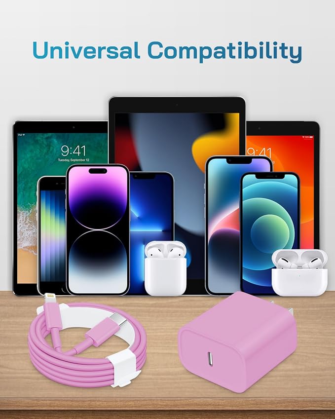 20W Fast Charger for iPhone 14/13/12 [3-Pack, MFi Certified] | USB-C PD power adapter with 10Ft cable, compatible with iPhone 14/13/12/11/Pro Max/Pro/Plus/Mini, iPad & more - Pink - Image 6