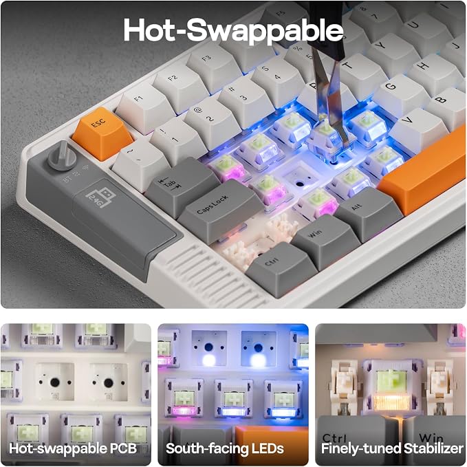 EPOMAKER RT85 Wireless Mechanical Keyboard with Joystick & DIY Screen | 8000mAh, BT/USB/2.4Ghz, Gasket, 5-Layer Paddings, Hot-Swap, PBT Keycap, 75% Gaming Keyboard (Retro White, Creamy Jade) - Image 6