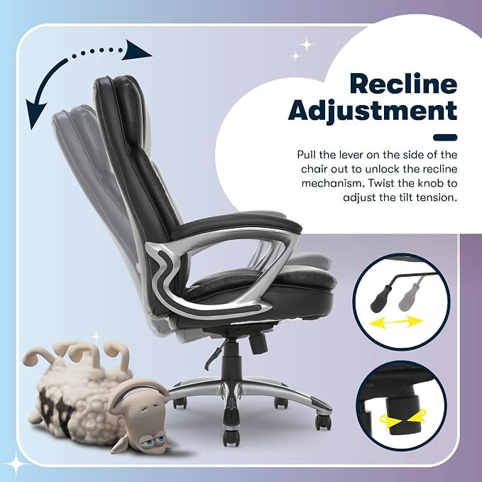 Serta Ergonomic Big and Tall Executive Office Chair Lumbar Support, Leather | Fairbanks, Gaming Chair with Headrest, 350lb Capacity, Padded Arms, Semi-Plush Seat Cushion, Adjustable Height & Tilt, Black - Image 8