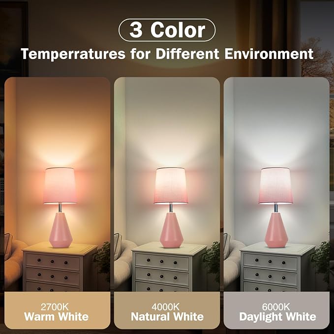 Small Bedside Table Lamp for Bedroom - Reading Desk Lamp with 3 Color Temperatures，15.5" Nightstand Ceramic Lamp with Fabric Shade for Kids Room,Living Room,Dorm,Home Office (Pink) - Image 2