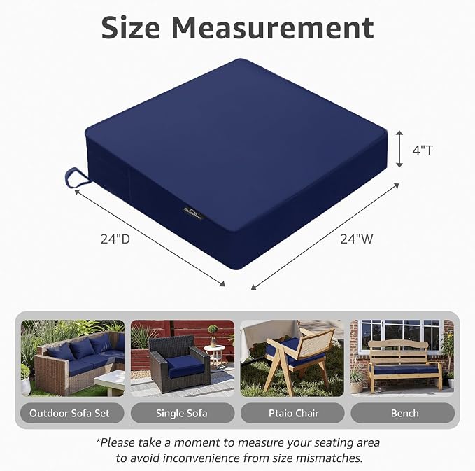 PatioGlow Outdoor Chair Cushions 24 x 24 x 4 Inch, Waterproof & Fade Resistant Patio Seat Cushion for Furniture with Handle and Ties, Thick Seating Pads for Outside Sofa Couch Set of 2, Dark Blue - Image 3