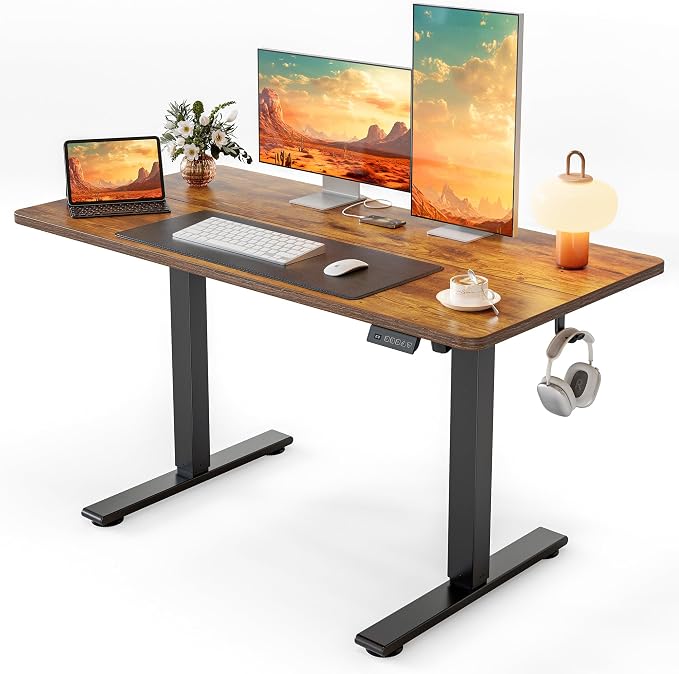 Cubiker Standing Desk, 48x24 Inches Sit Stand Home Office Desk, Electric Stand up Desk, Adjustable Desk with Splice Board, Black Frame/Rustic Brown Top by CubikerHomeOfficeFurniture