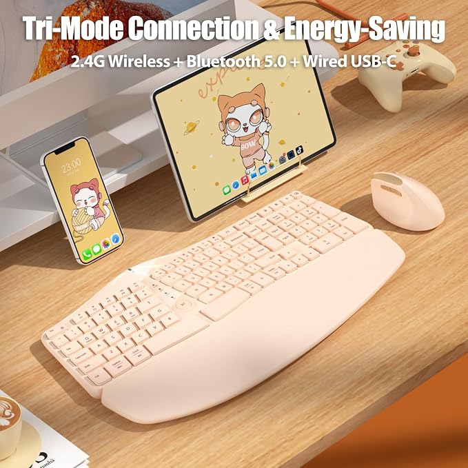 Split Ergonomic Keyboard Wireless with Cushioned Wrist & Palm Rest | Wireless 2.4G/Bluetooth/Wired USB-C, Comfortable Natural Typing, Compatible with Windows/Mac/PC/Laptop, Milk Tea - Image 4