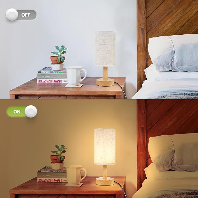 Small Bedside Table Lamps for Bedroom Set of 2,Natural Round Wood Base&Fabric Linen Shade,Cozy Night Light for Study Reading,Minimalist Boho Desk Lamp for Nightstand,Living Room,Nursery,Kitchen,Dorm - Image 5
