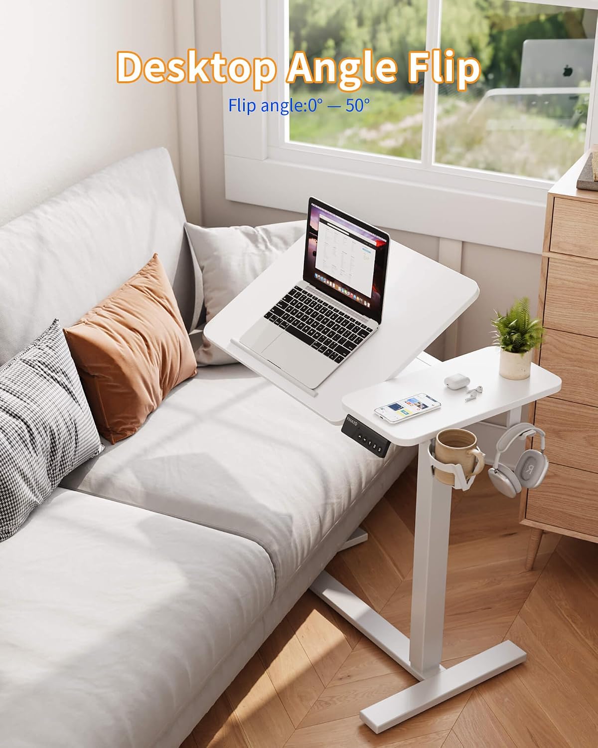 YIHAYO 28 x 16 Inches Electric Adjustable Overbed Bedside Table, White - Image 7