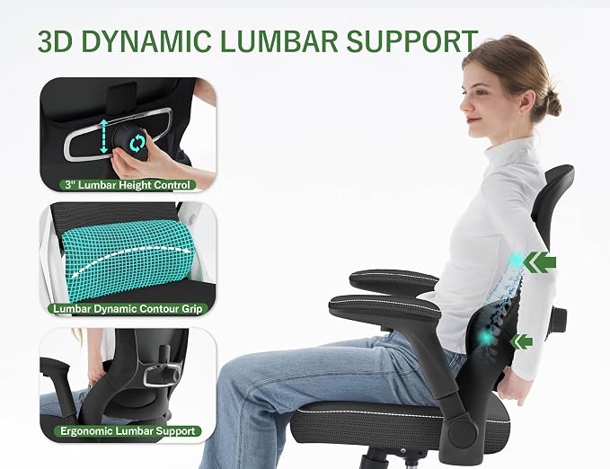 400LB Office Chair: Mesh Ergonomic Desk Chair Comfy with Lumbar Support | Computer Chair Ergonomic Gaming Chairs for Adults with Wheels&Flip up Armrests-Swivel Executive Task Chairs (Leather-Black) - Image 4