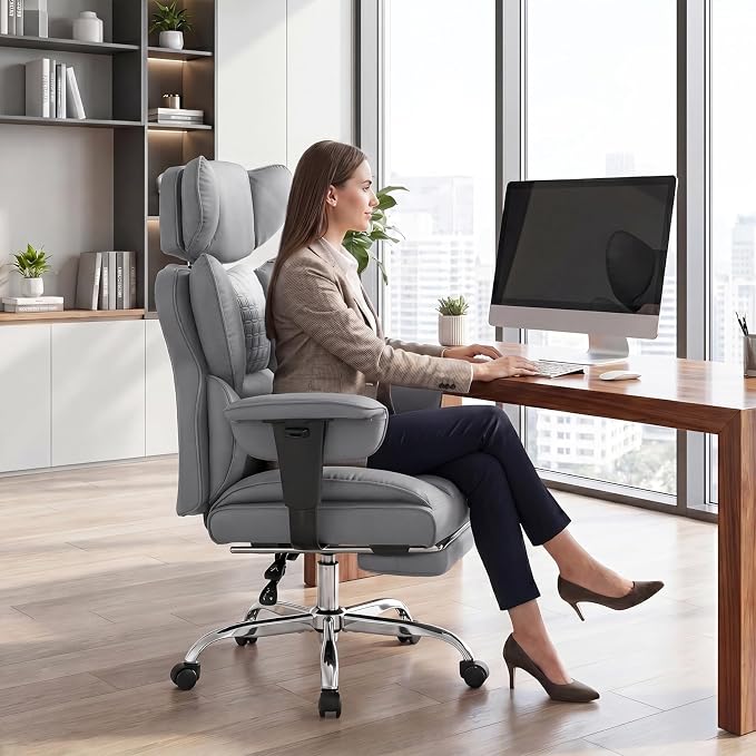 DUMOS Big and Tall Home Office Desk Chair, Executive Chair with Footrest | PU Leather, Ergonomic Comfy Lumbar Support, High Back Reclining, Adjustable Armrests, Grey - Image 2