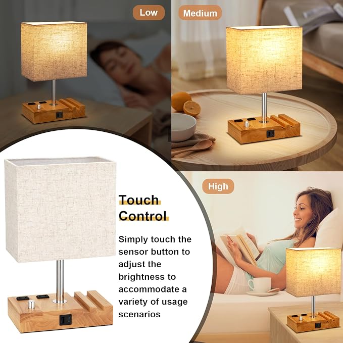 Wood Grain Table Lamp for Bedroom, Stepless Dimmable, USB C+A, 2 AC Outlets | Dimming By Rotary Knob, USB C+A Ports, 2 Phone Stands, LED Bulbs Included, Rectangle Beige Lampshade, for Living Room, Desk - Image 5