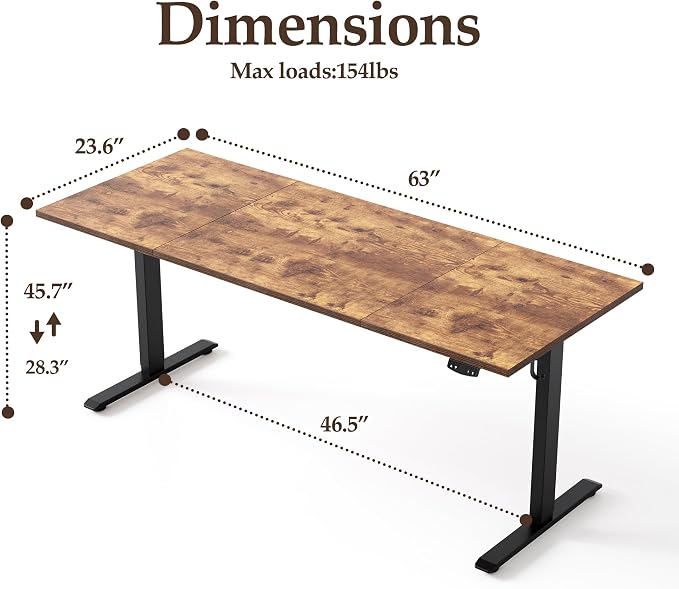 Klicelor 63 Inch Large Electric Standing Desk, Height Adjustable Office Desk, Sit Stand Up Computer Gaming Desk with Memory Preset, Three-Piece Desktop, Rustic Brown - Image 3