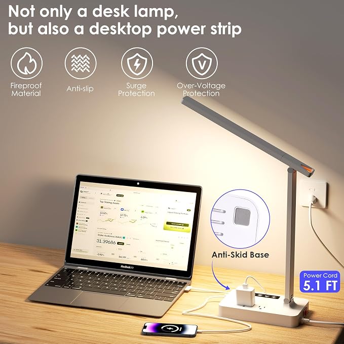 Infiway LED Desk Lamps for Home Office: Desk Lamp with USB Charging Port - 1 USB-A, 1 Type-C Ports, 2 AC Power Outlets, Touch Control Dimmable 5 Color 5 Brightness, Night Light(White) - Image 3