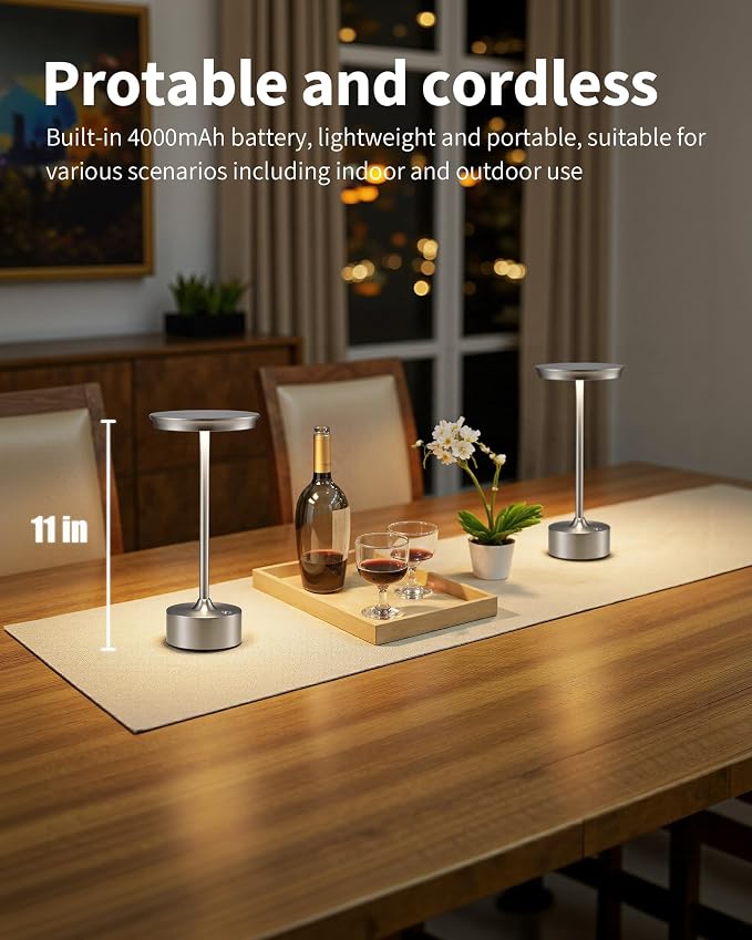 PUSU Rechargeable Table Lamps Set of 2, Nickel Cordless Portable Desk Lamp | 4000mAh Battery, Stepless Dimming & 3 Color 2700K-6000K, LED Lamp for Bedroom, Living Room, Restaurant, Outdoor, Night Light - Image 2