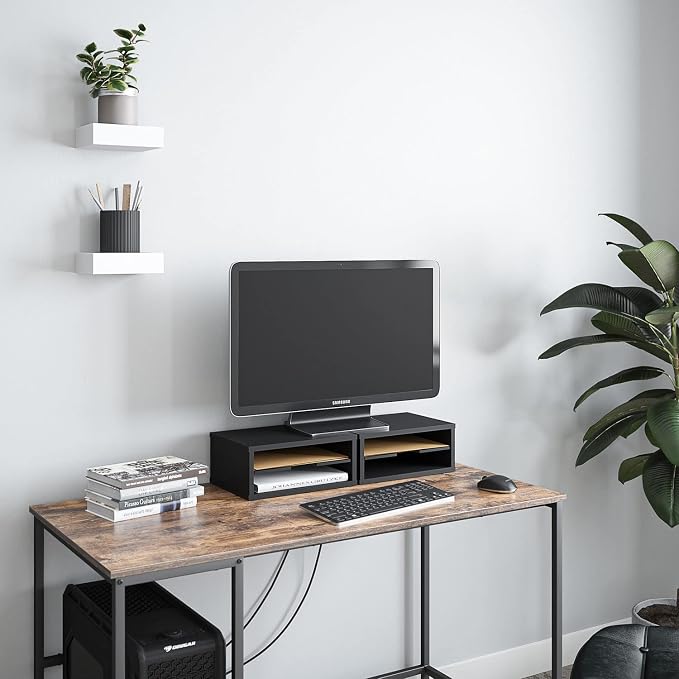 Ballucci File Organizer, 2-Tier Document Paper Sorter, Stackable Wood Desk Organizer Mail Holder, Monitor Stand with Storage Shelves, Black - Image 8