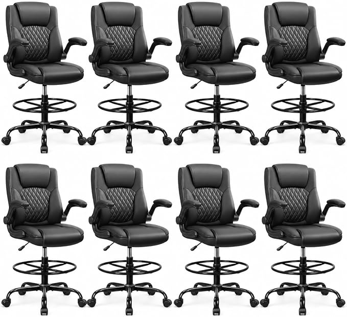 Drafting Chair, Tall Office Chair for Standing Desk, High Executive Leather Ergonomic Computer Chair with Adjustable Height and Flip-Up Armrest for Counter Height Desk, Black, Pack of 8 by BrickAttic