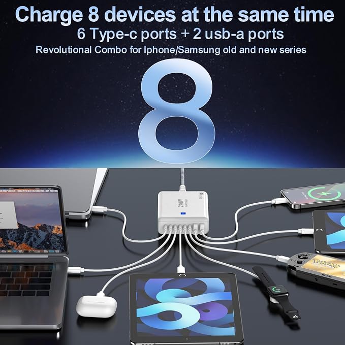 USB C Charger Block 240W, 8-Port Charging Station for iPhone/Ipad/MacBook, 6C2A PD GaN Charger Box, USB Tower Hub with Flat Plug, Travel Essentials - Image 3
