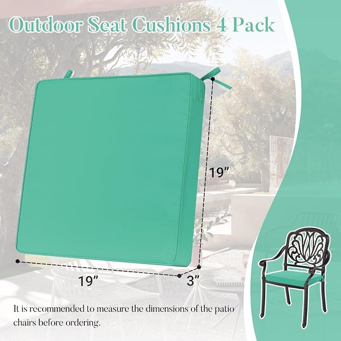 Basic Beyond Outdoor Chair Cushions for Patio Furniture, Waterproof Outdoor Seat Cushions Set of 4 19 x 19, Patio Chair Cushions Set of 4 with Ties and Handle, Turquoise - Image 6
