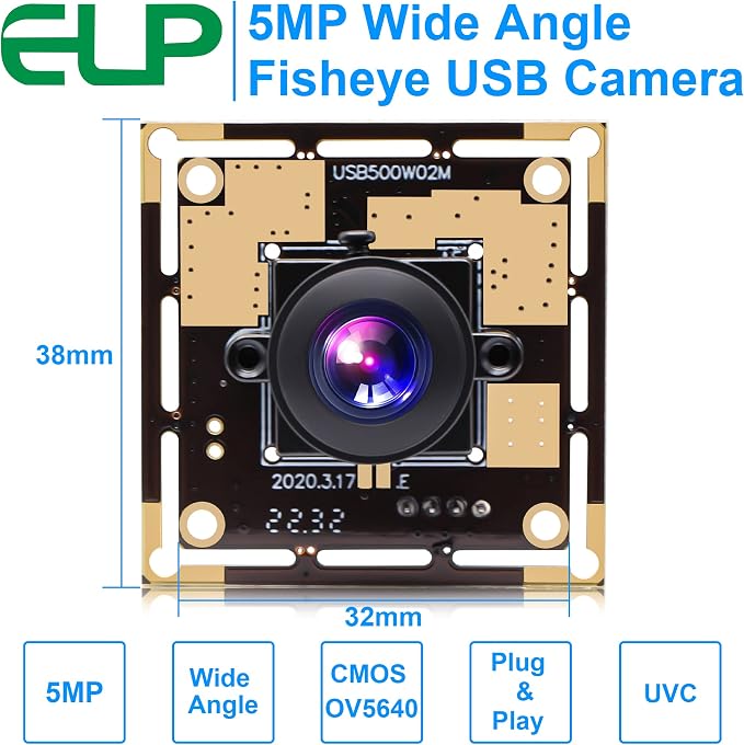 ELP 5mp USB Camera Module for Computer 170degree Wide Angle Fisheye Webcam | Mini Lightburn Camera for Laser, UVC USB2.0 PC Camera for Windows, Linux, Android, Mac, Industrial Security Webcam for Laptop - Image 2