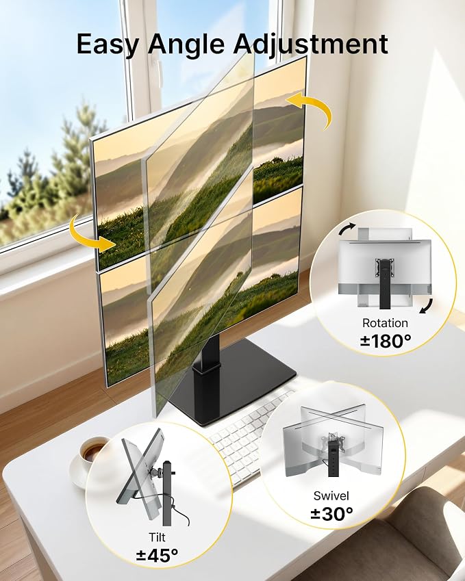monTEK Powered Stacked Dual Monitor Stand for 17-32", Glass Base | Space-saving vertical monitor mount, stable glass base and integrated power outlet for a clean two-screen workstation - Image 6