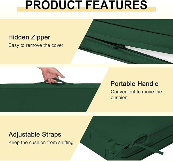downluxe Waterproof Outdoor Chair Cushions Set of 4, 19" x 19" x 3" Patio Chair Cushion with Non-Slip Ties & Handle, Square Outdoor Cushion for Patio Furniture with Removable Cover, Forest Green - Image 5