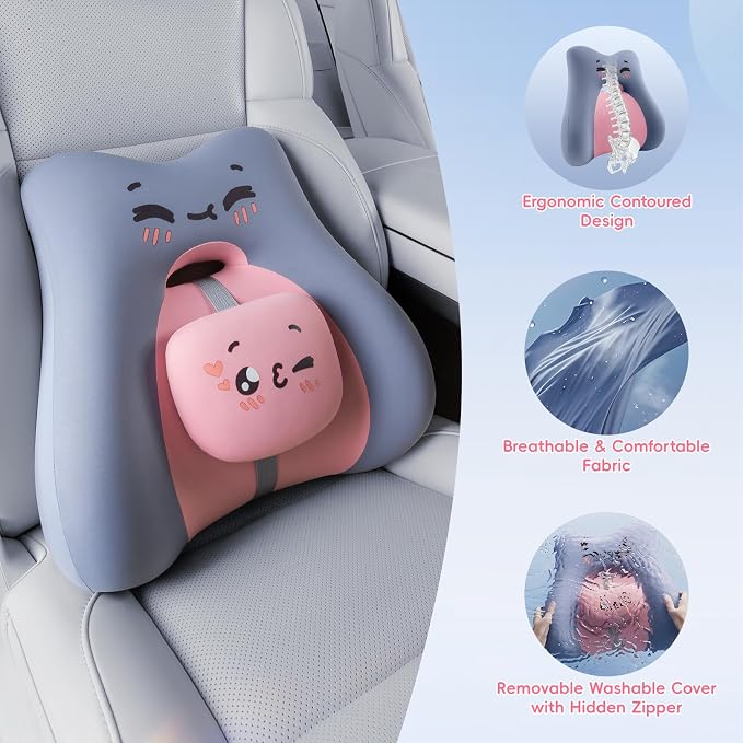 BEBAS Ergonomic Memoery Foam Lumbar Support Pillow for Car & Office, Blue | Back Support Cushion with Adjustable Bolster, Cute Cartoon Design, Breathable Washable Cover, Ideal for Driving, Office - Image 3