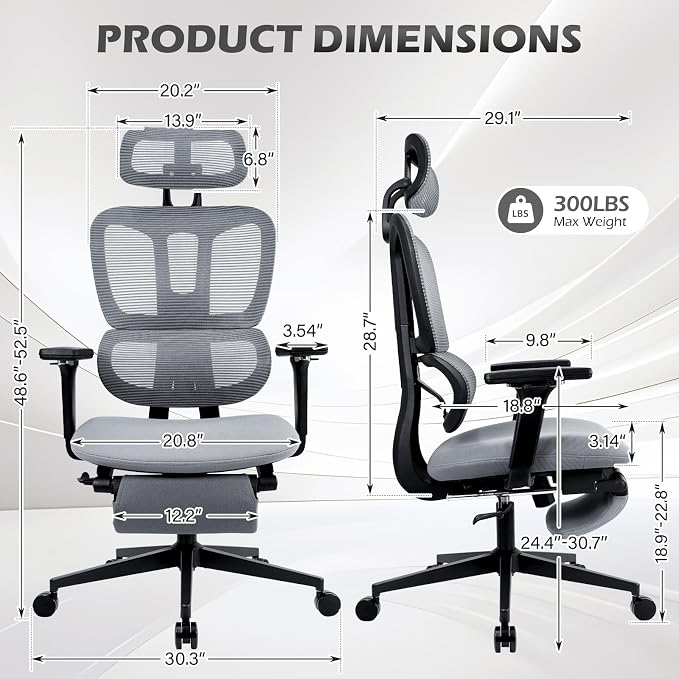 Ergonomic Office Chair with Footrest and Dynamic Lumbar Support, Grey | Reclining high-back computer chair, memory foam seat, 4D armrests, 2D headrest, mesh desk chair for home office, long hours - Image 3