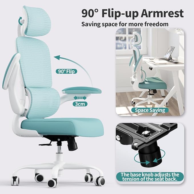 TRALT Office Chair Ergonomic Desk Chair - Gaming Chair with Lumbar Support | 330 LBS Home Office Desk Chairs with Headrest, Reading Chair with Flip-up Armrests, Comfortable Computer Chairs (1, Blue) - Image 5