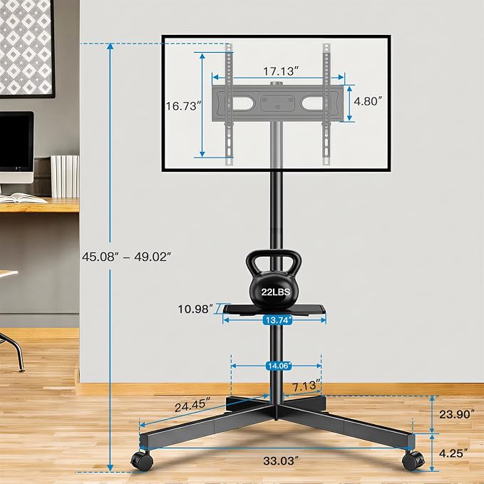 PERLESMITH Rolling TV Stand for 26-65 Inch TVs up to 88 lbs, Mobile Outdoor TV Stand with Shelf & Large Base, Tilt TV Stand with Wheels, Portable TV Cart for Bedroom, Max VESA 400x400mm, PSTVMC06B-B - Image 7