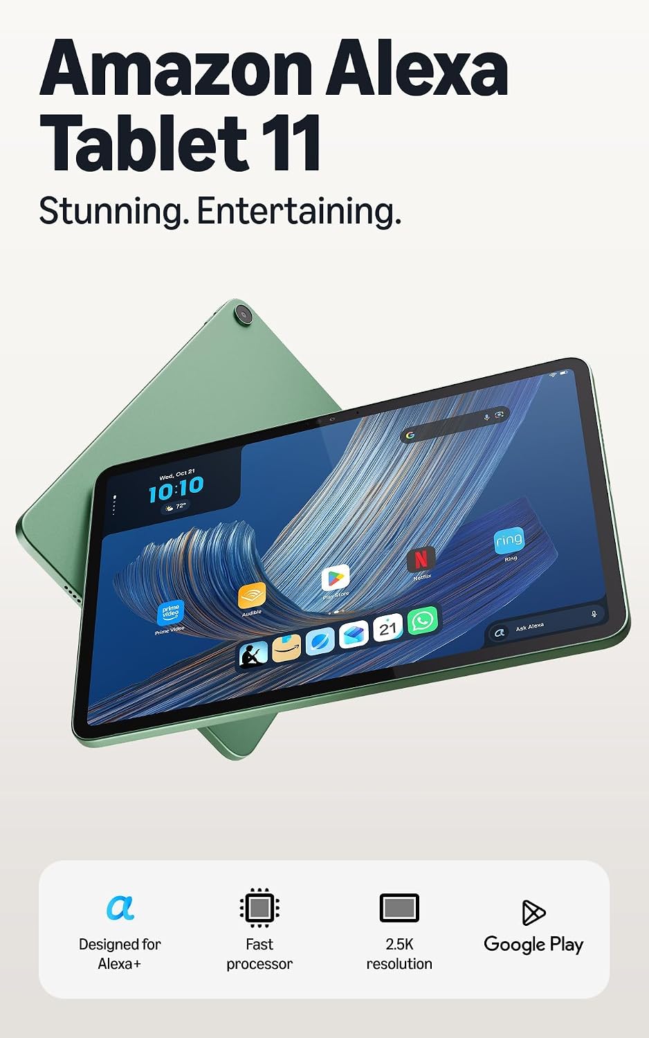 Amazon Alexa Tablet 11 (all-new), 8GB RAM, 64GB, 11″ stunning 2.5K display, All-day battery, With Google Play, Designed for Alexa+, Matcha by Alexa Tablet