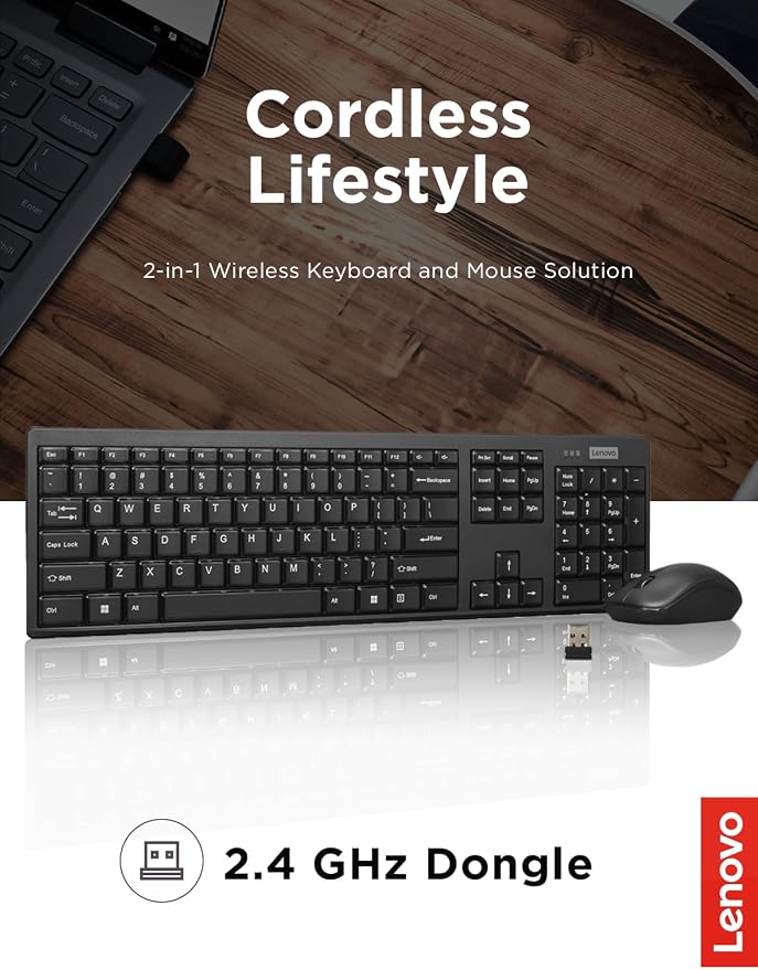 Lenovo 100 Wireless Keyboard and Mouse Combo – Cordless Set with Spill Resistant Quiet Keys – 3-Zone Keyboard - Ambidextrous Mouse – Compact Design – Wireless USB -Black - Image 2