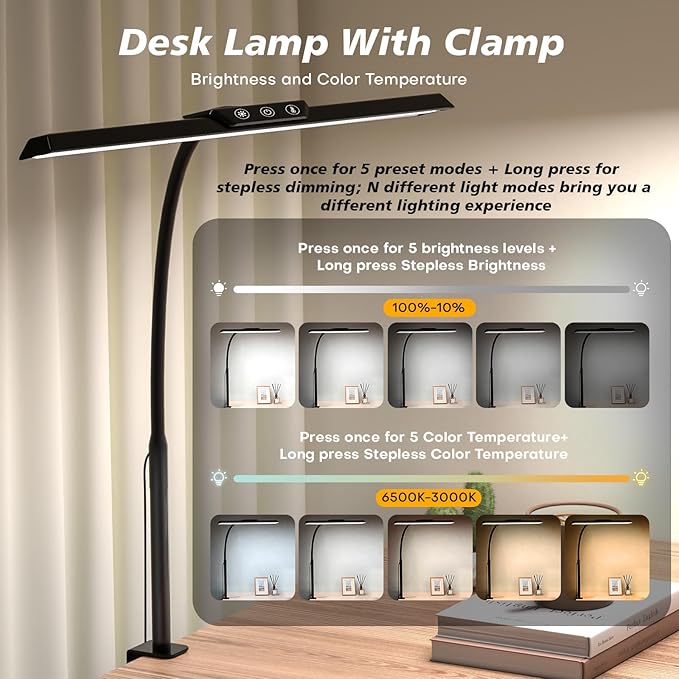 LED Desk Lamp with Clamp, Stepless Dimming Flicker-Free for Home Office | Architect Lamp, DC Adapter, 25 Modes, 12.8in Flexible Gooseneck, Eye-Friendly for Workbench & Reading - Image 2