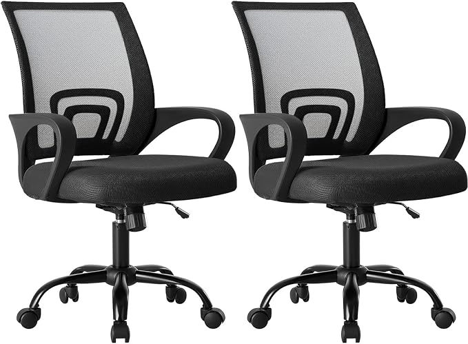 DUMOS Home Office Chair - Ergonomic Mid Back Mesh Desk Chair with Lumbar Support & Rocking Mode, Height Adjustable with Fixed Armrest, for Computer, Gaming, Meeting, 360° Swivel, Black, 2 Pack by DumosLifestyle