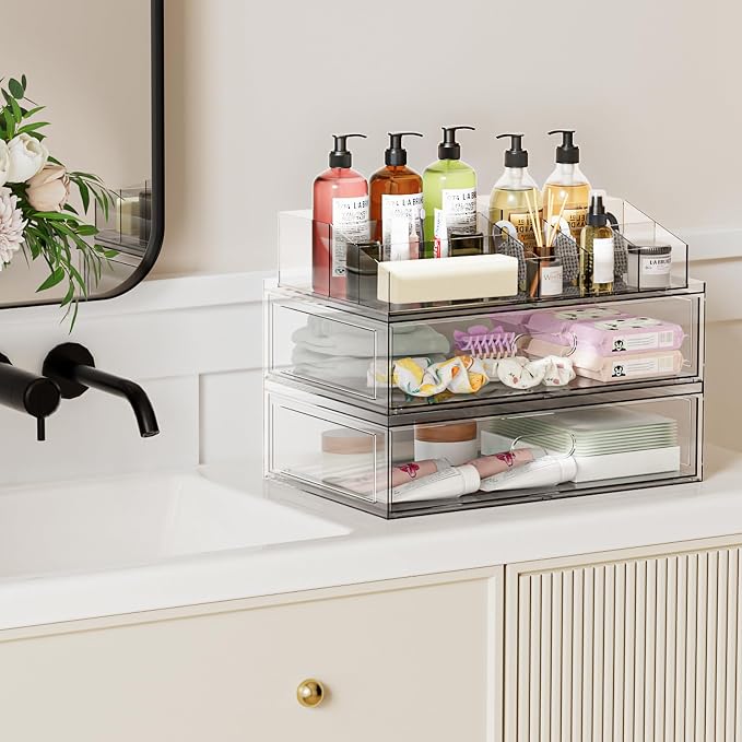 Clear Stackable Makeup Organizer with Drawer, 12''W Acrylic Storage Drawers | Cosmetic Display Case for Vanity Bathroom Countertop Drawers, Beauty Holder for Lipstick Brush Skincare Perfume - Image 6