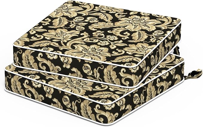 Outdoor Seat Cushions 19 x 19 x 3 Inch, Water Repellent Patio Chair Foam Cushions with Straps, Outdoor Cushions for Patio Furniture Garden Sofa, Set of 2, Jacobean Black by TWLEAR