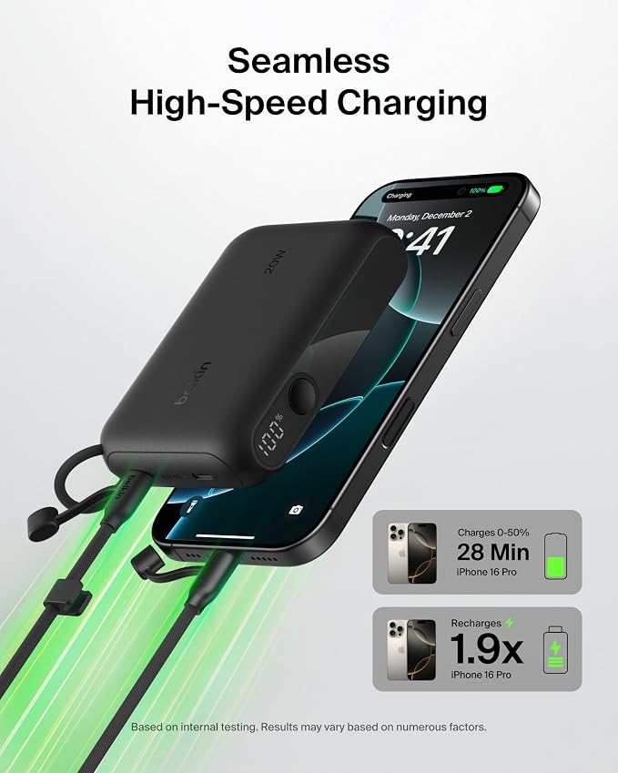 Belkin 10000mAh 20W Slim 2C Power Bank w/Digital Display for iPhone, Galaxy | Fast Charging Battery Pack, iPhone 17, Air, Pro, Samsung Galaxy S25, Pixel 10, iPad, Charge 2 Devices - Image 3