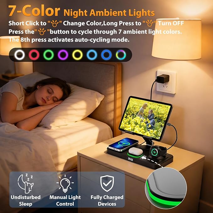 Wireless Charging Station for Apple Devices, Only for Apple Watch Charging | Included Type-C Cable for Tablet Charging, Foldable Wireless Charging Station, 7 Cycling Ambient Lights, Time Clock Display - Image 4