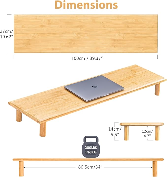 Bamboo Dual Monitor Stand Riser, Natural Desktop Shelf with Storage | 39.37-Inch Wide, Under-Shelf Storage for Keyboard, Mouse and Laptop, Fits Two 24-Inch Monitors in Home Office - Image 4