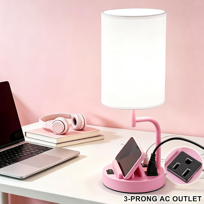 Dreamholder 2 Pack Table Lamp, Bedside Lamp with 3 USB Charging Ports & AC Outlet, USB Desk Lamp with 2 Phone Holders, Linen Fabric Shade Nightstand Lamps for Bedroom Living Room Office, Baby Pink - Image 4