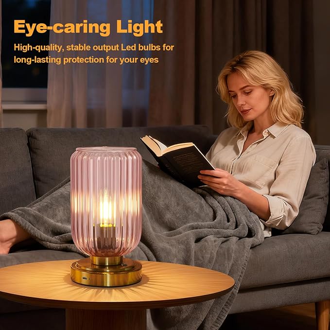 LightRound Cordless Table Lamp for Bedroom, Touch Stepless Dimmable | 7500mAh Rechargeable Battery, Pink Glass Shade, Brushed Gold Base, Bulb Included, Modern Wireless Lamp for Desk, Living Room - Image 4